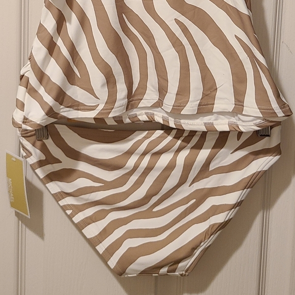 2 PC MICHAEL KORS MK WHITE TAN ZEBRA ANIMAL PRINT LOGO TANKINI BIKINI NWT - Picture 10 of 15